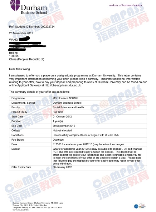 杜伦大学金融学理学硕士offer