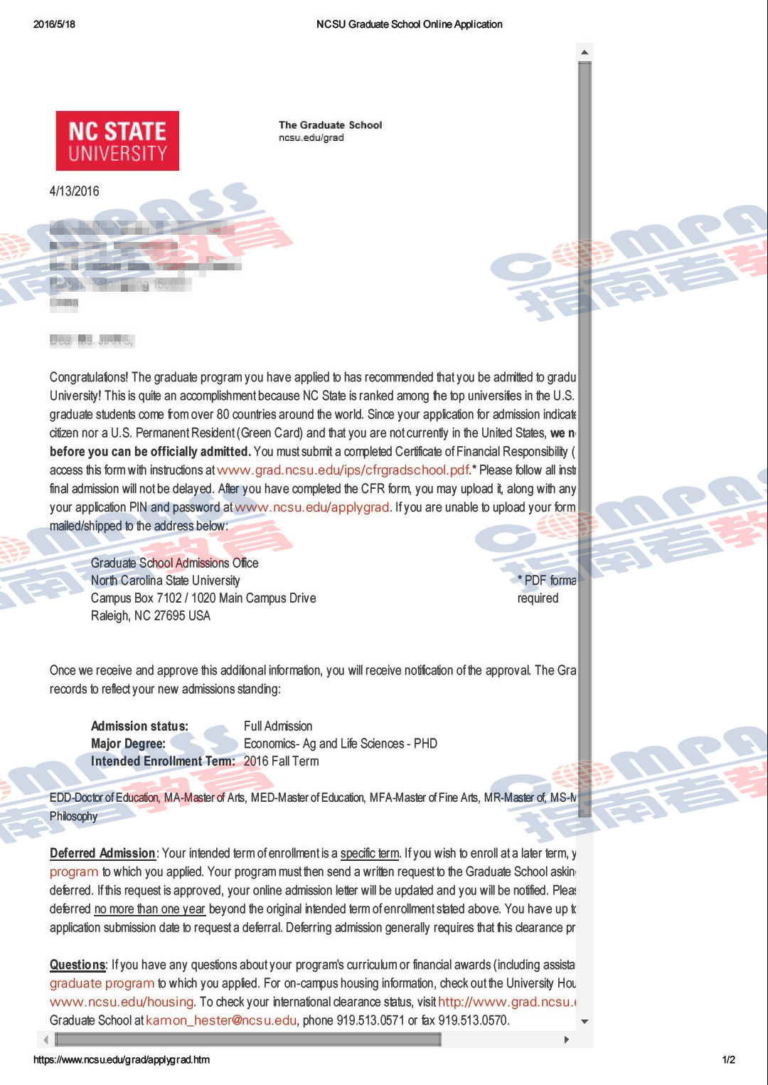 北卡罗来纳州立大学罗利分校经济学博士offer一枚（2016-04-29）